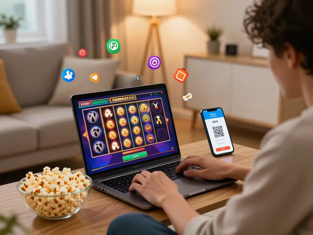 Engaging player enjoying a slot game with QRIS payment setup in a cozy home setting.
