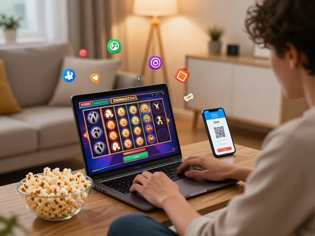Engaging player enjoying a slot game with QRIS payment setup in a cozy home setting.