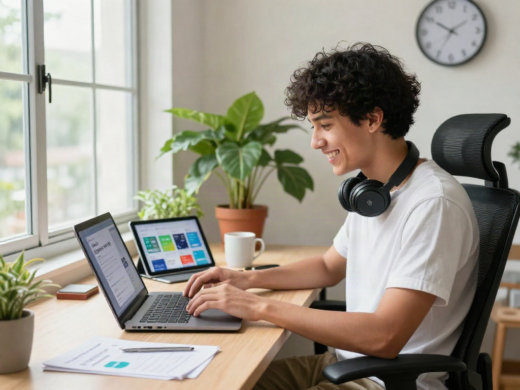 Download Pikashow Apk from a vibrant home office where a young adult explores the app on a laptop, showcasing modern tech and productivity.