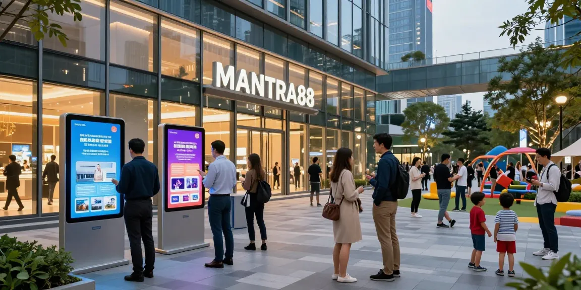 MANTRA88 login, showcasing modern commercial properties with vibrant customer interactions in an urban setting