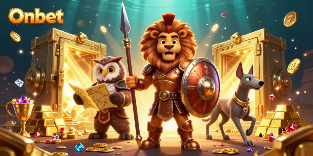 Engage with Onbet's winning atmosphere, showcasing a Spartan lion, an owl strategist, and a greyhound messenger amid rich casino treasures.