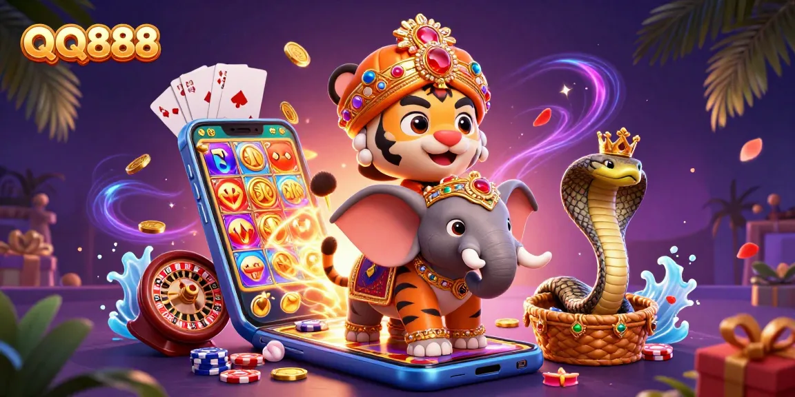 Experience the thrill of QQ888 with a vibrant 3D scene showcasing a majestic maharaja and his elephant.