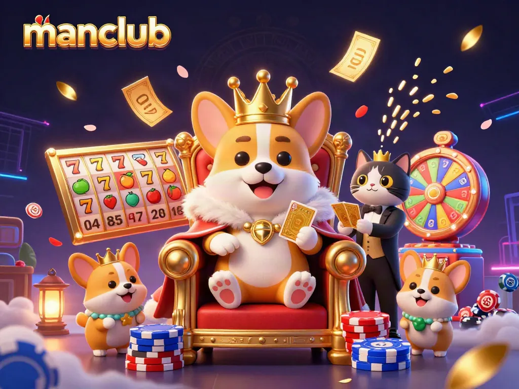 Experience the excitement of manclub with a royal corgi and vibrant slot games in action.