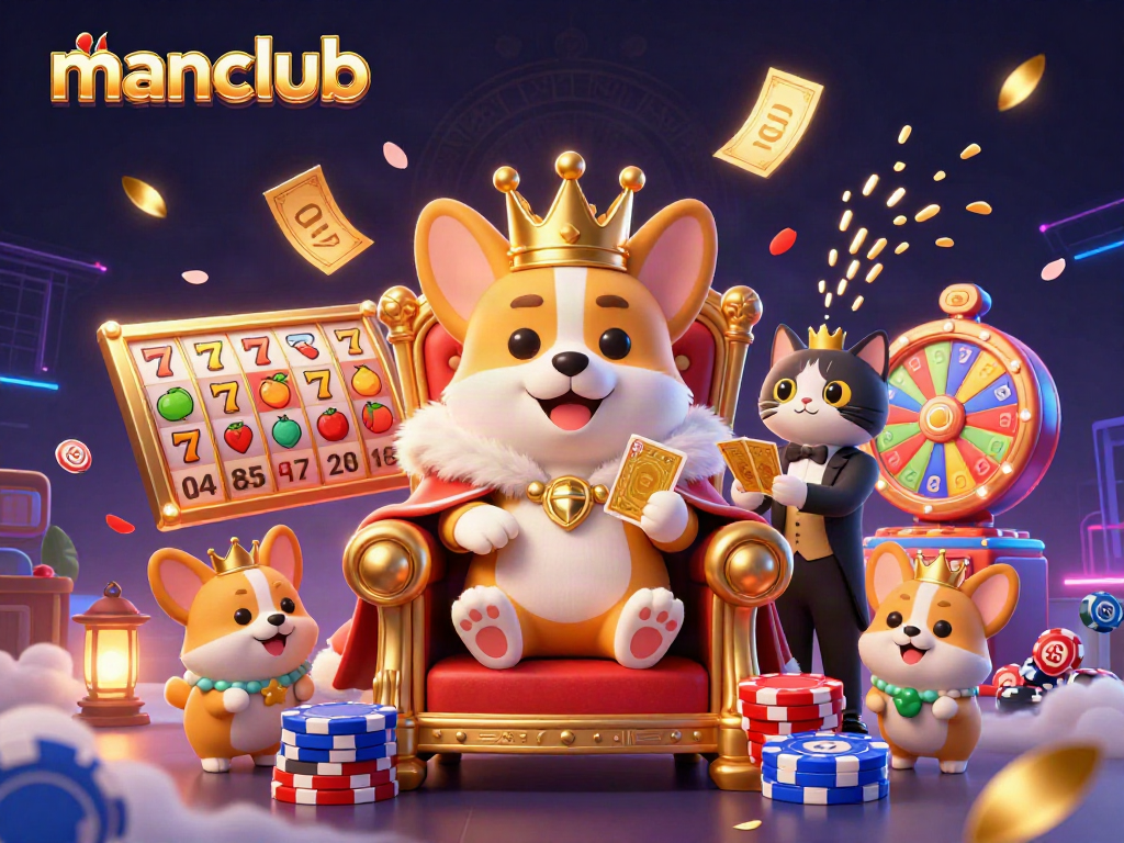 Experience the excitement of manclub with a royal corgi and vibrant slot games in action.