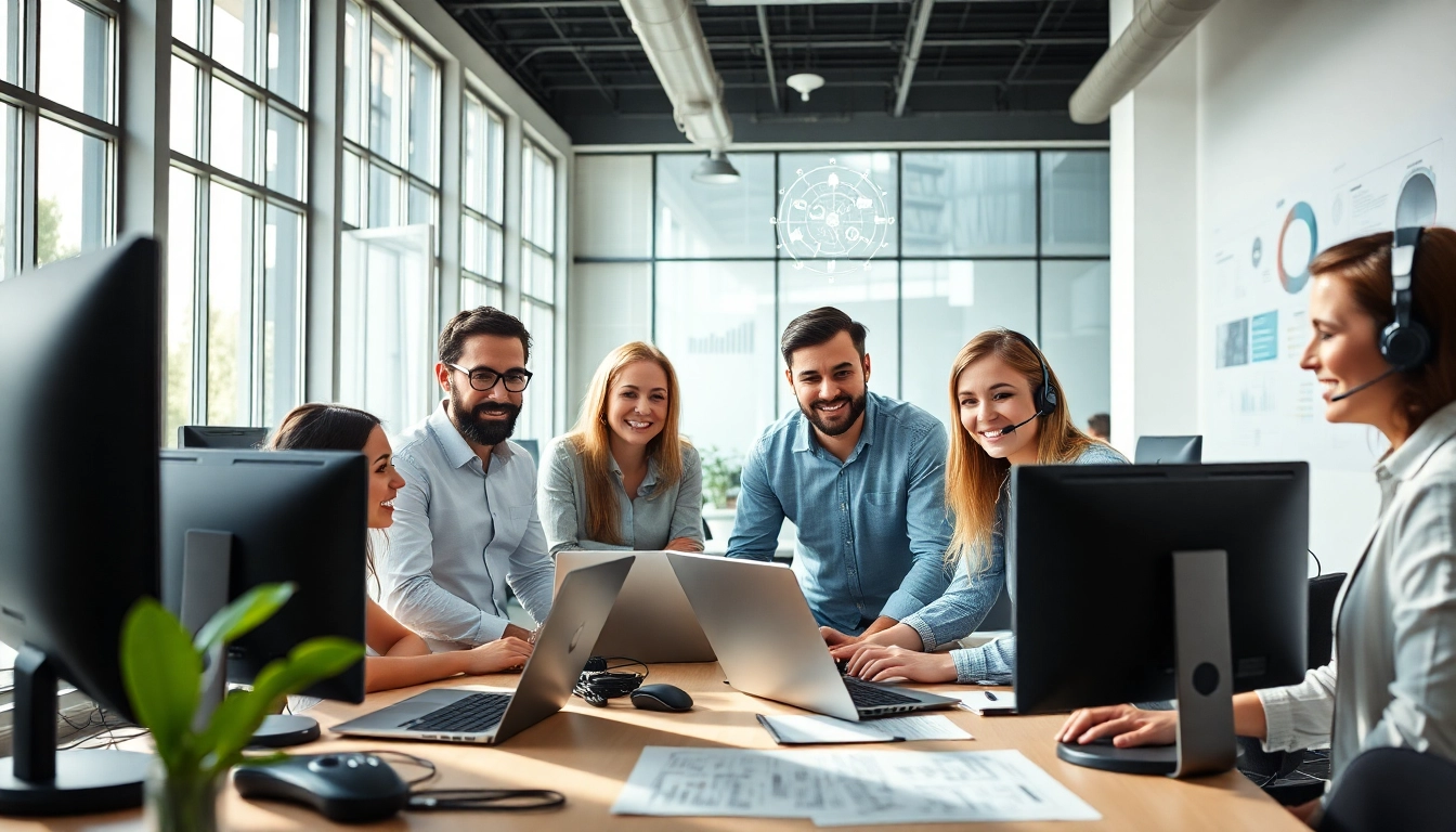 IT support in business team assisting with technology solutions in a modern office.