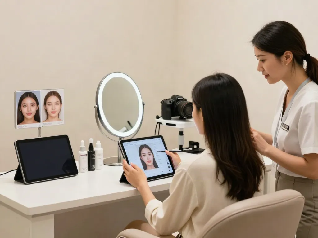 Client reviewing alternatives to QOVES in a modern beauty consultation.