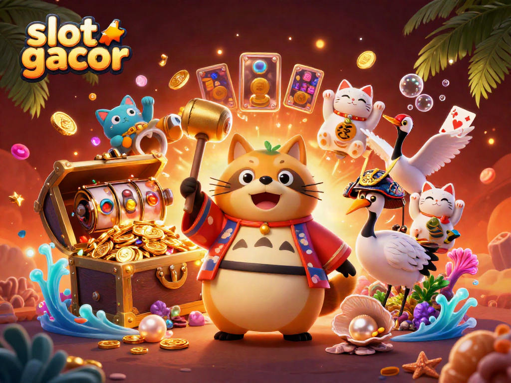 Experience the thrill of slot gacor with a cheerful tanuki and lucky symbols in a vibrant 3D scene.