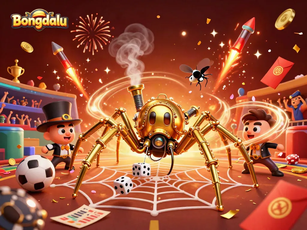 Bongdalu offers real-time sports betting excitement with colorful elements, including trophies, balls, and festive fireworks.