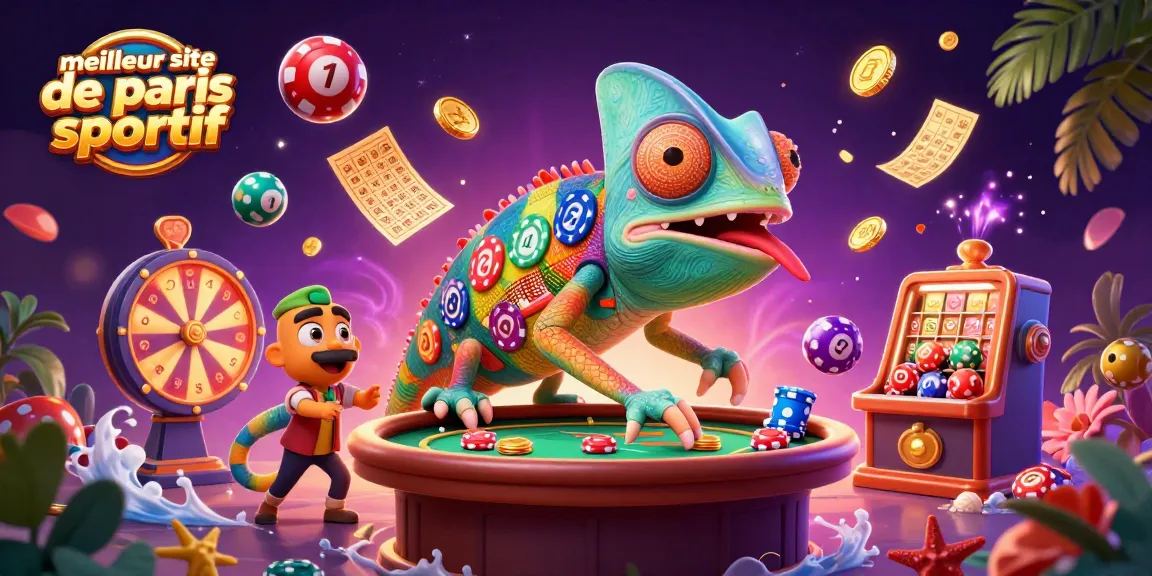 meilleur site de paris sportif : Illustration 3D colorée mettant en avant un propriétaire de casino caméléon, des éléments de jeu dynamiques.