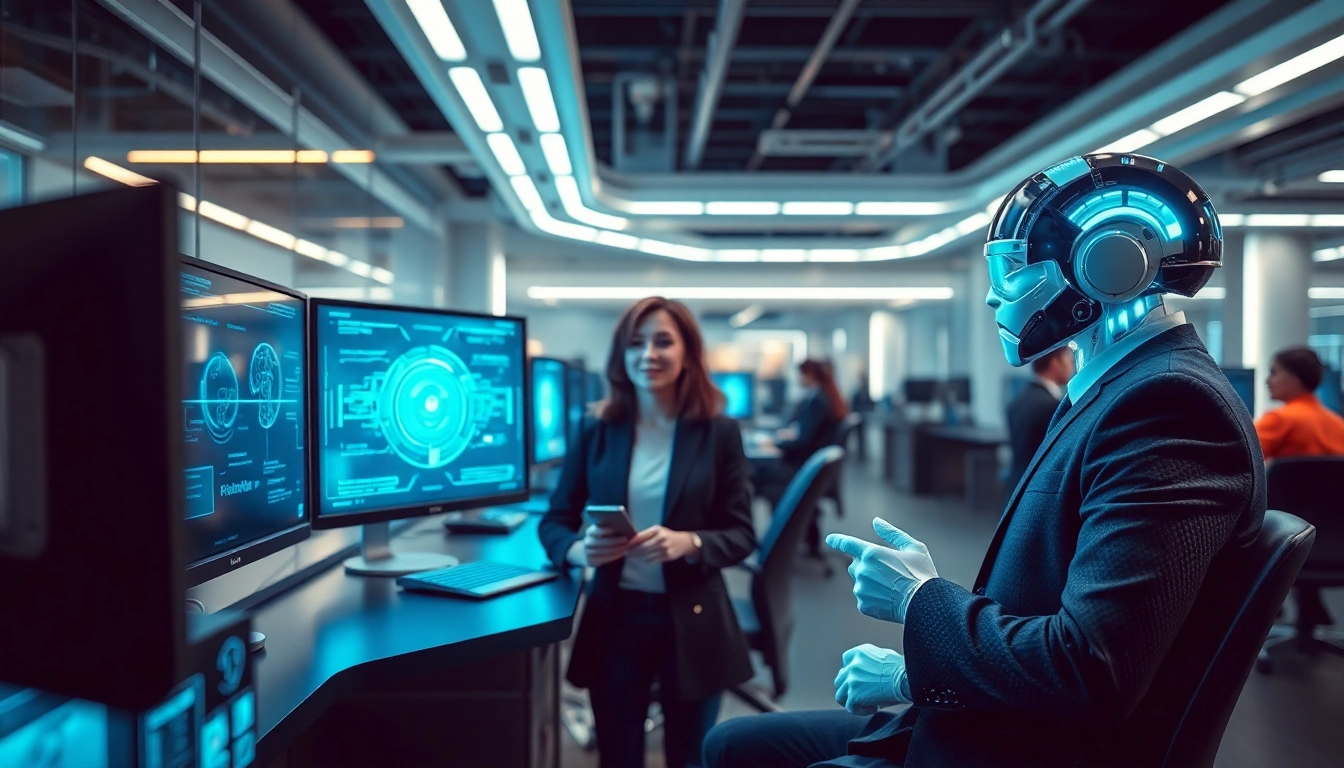 AI agents collaborating with users in a modern high-tech office environment.