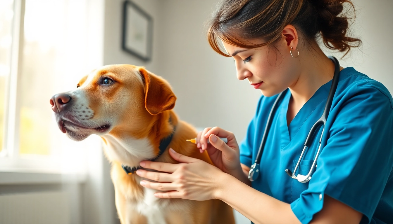 Applying DMSO for dogs by a veterinarian in a calming clinic environment.