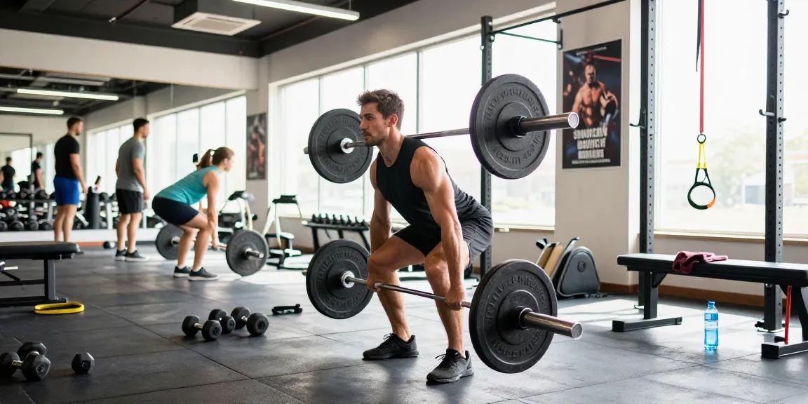 Driada Shop fitness training scene showcasing a motivated individual performing deadlifts in a gym, highlighting strength and energy.