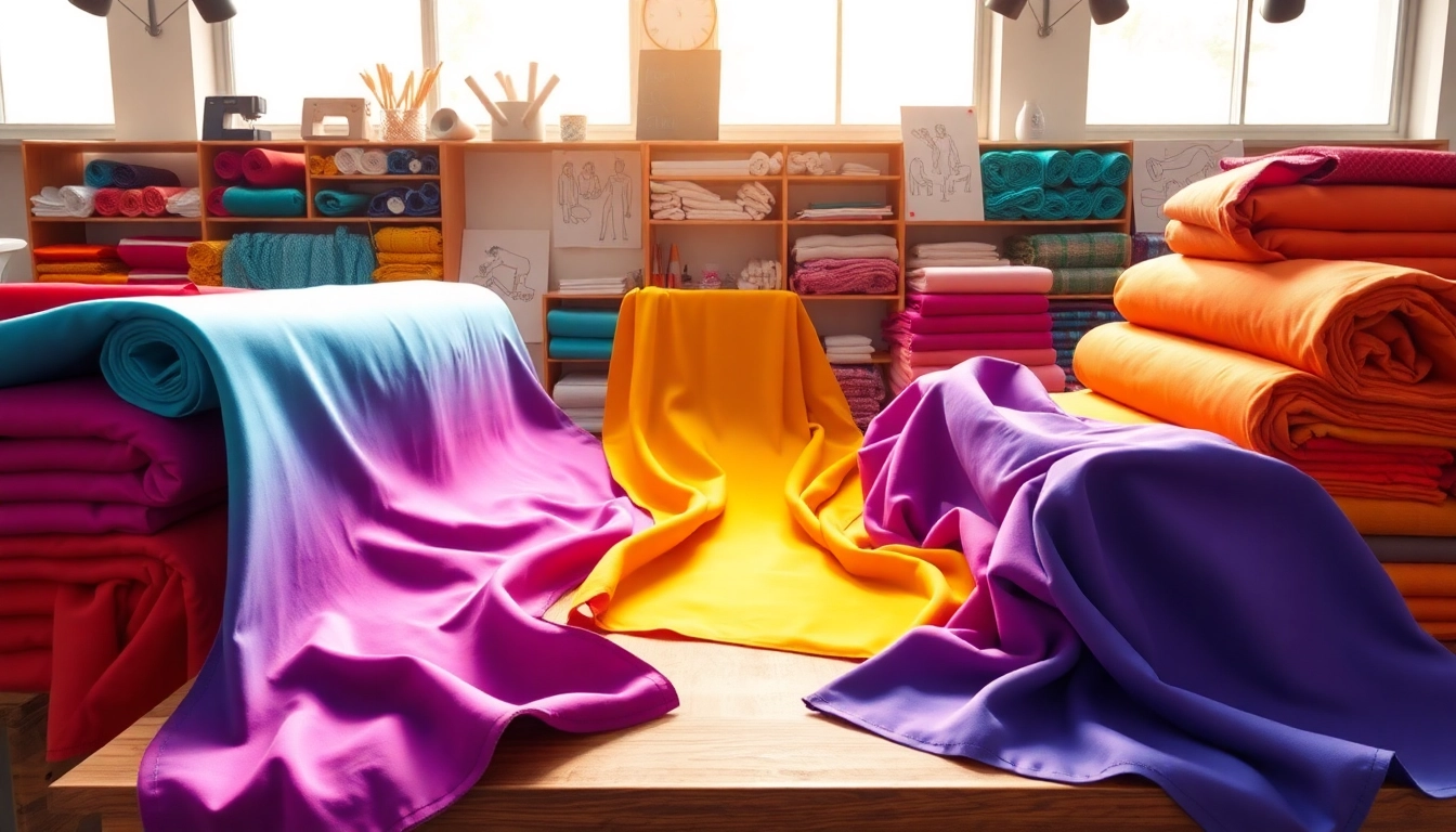 Jogging stoffen in diverse kleuren en structuren weergegeven in een creatieve setting.