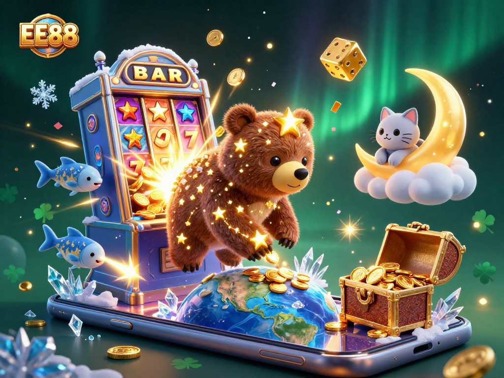 Engage with EE88's exciting jackpot gaming features in a vibrant, colorful 3D casino scene.