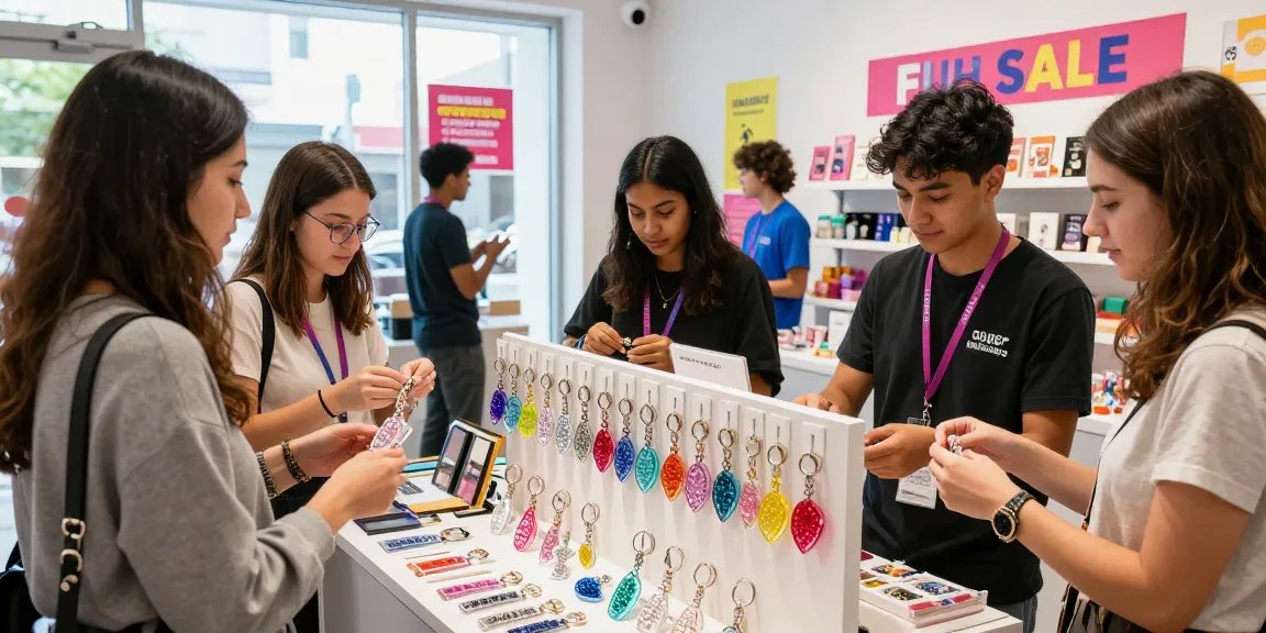 Custom Diamond Keychain display in a vibrant retail store with excited shoppers and staff assisting, showcasing unique acrylic designs.