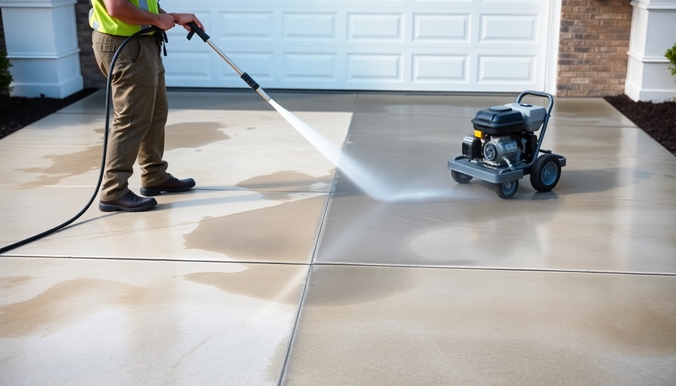 Driveway cleaning service revitalizing a stained concrete driveway under bright sunlight.