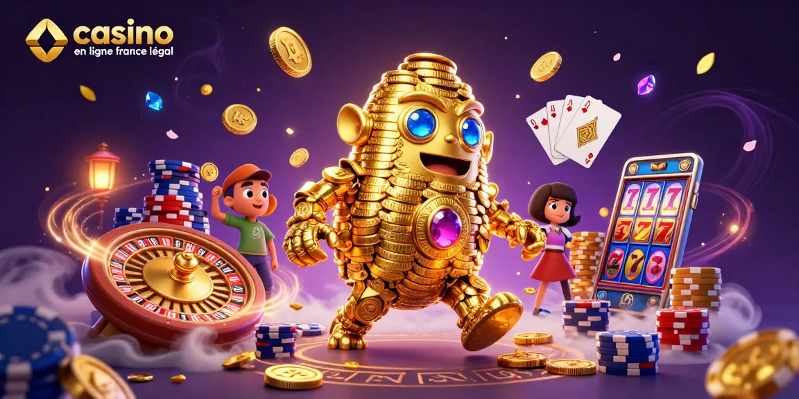 Visualisez le casino en ligne France légal avec un golem d'or et des jeux de hasard éclatants.