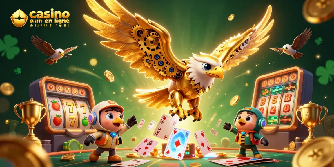 Jouez au casino en ligne argent réel avec une illustration 3D d'un aigle cybernétique entouré de jeux de machines à sous.