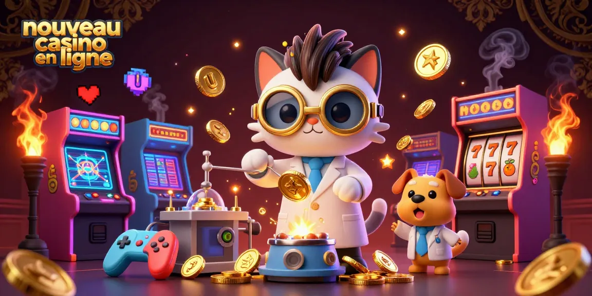 Visualisez un nouveau casino en ligne vibrant avec un chat scientifique et un chien assistant entourés de machines à sous.