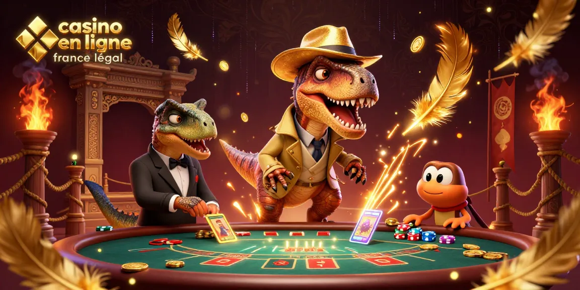 Les casinos en ligne France légaux sont illustrés avec un vélociraptor et un pit boss surveillant un jeu de blackjack.