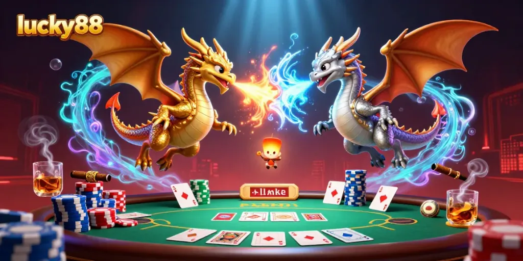Experience thrilling gameplay with the lucky88 dragons interacting over poker chips and cards.
