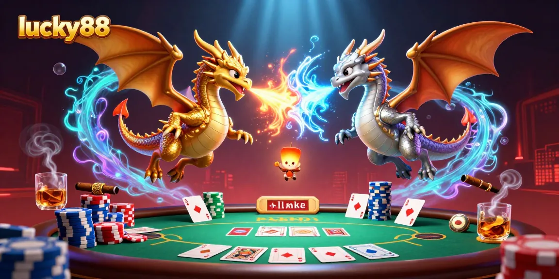 Experience thrilling gameplay with the lucky88 dragons interacting over poker chips and cards.