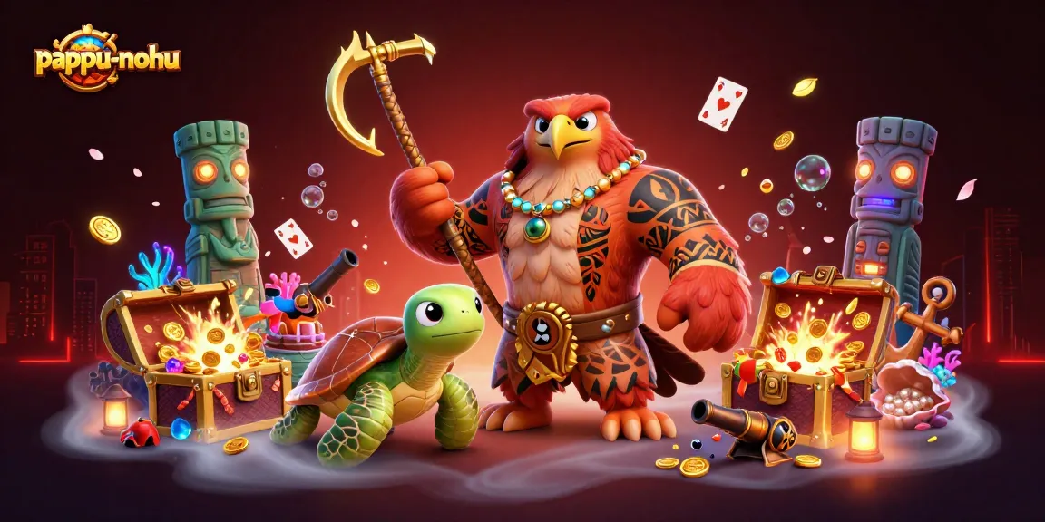 Pappu-nohu game showcases thrilling gameplay with vibrant animated Polynesian-themed characters amidst treasure-filled underwater scenes.