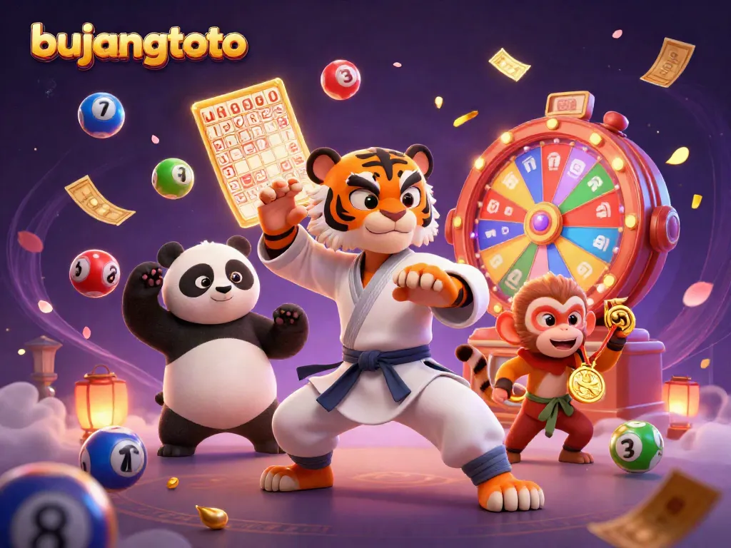 Bujangtoto logo scene showcasing a kung fu tiger, panda disciple, and monkey stealing a medal amid vibrant casino elements.