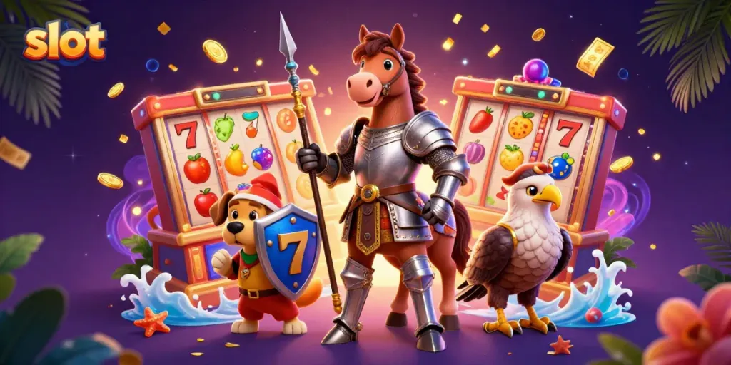 Slot memikat dalam adegan kasino dengan pangeran, anjing squire, dan falcon.