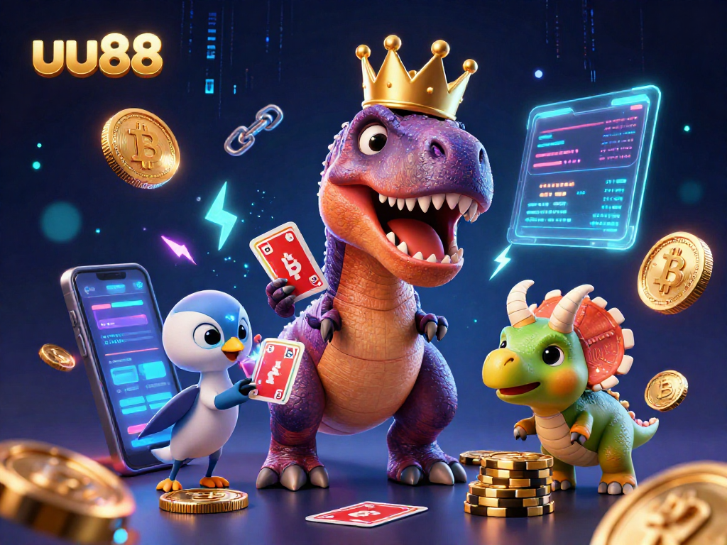 Play with uu88's T-Rex and friends as they shuffle cards and stack chips in this vibrant casino scene.