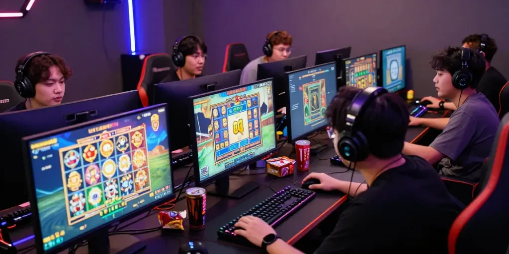 Suasana bermain slot gacor gampang menang dengan pemain antusias di ruang permainan modern.