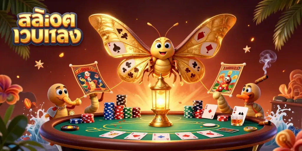 Experience the thrill of สล็อตเว็บตรง with a majestic golden moth and vibrant casino scene.
