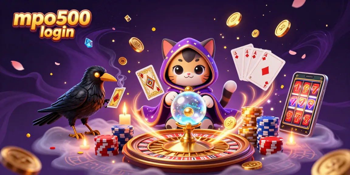 Experience mpo500 login with a vibrant 3D casino scene featuring a mystic cat, raven, and rich gaming elements.