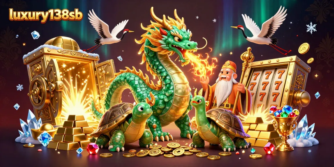 Experience luxury138sb with a vibrant dragon and treasure-themed casino illustration, showcasing slot reels and gems.
