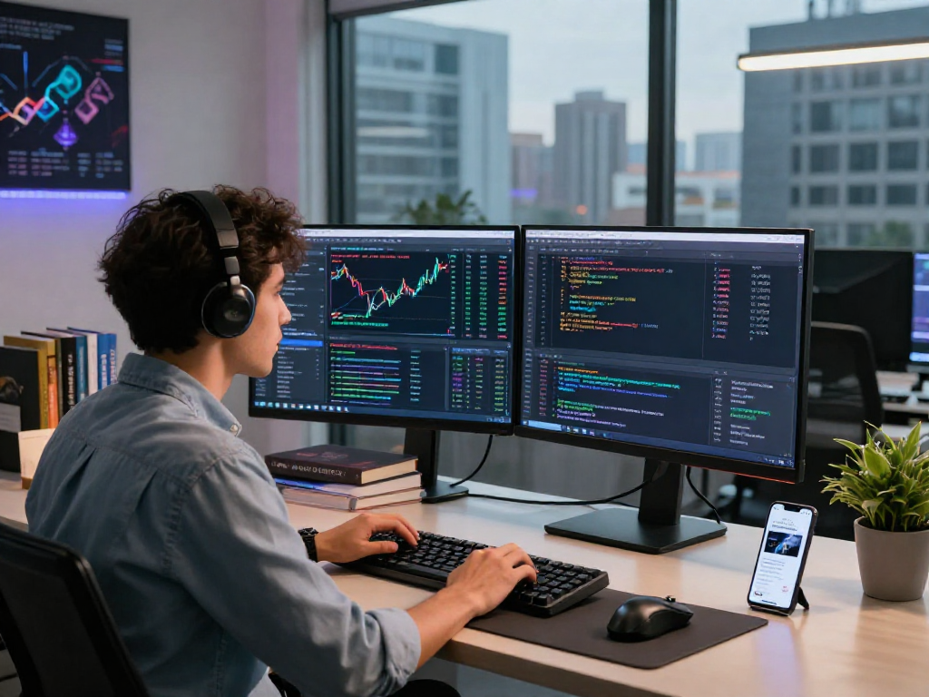 Developer using the US stock WebSocket API in a modern trading environment, showcasing real-time stock data.