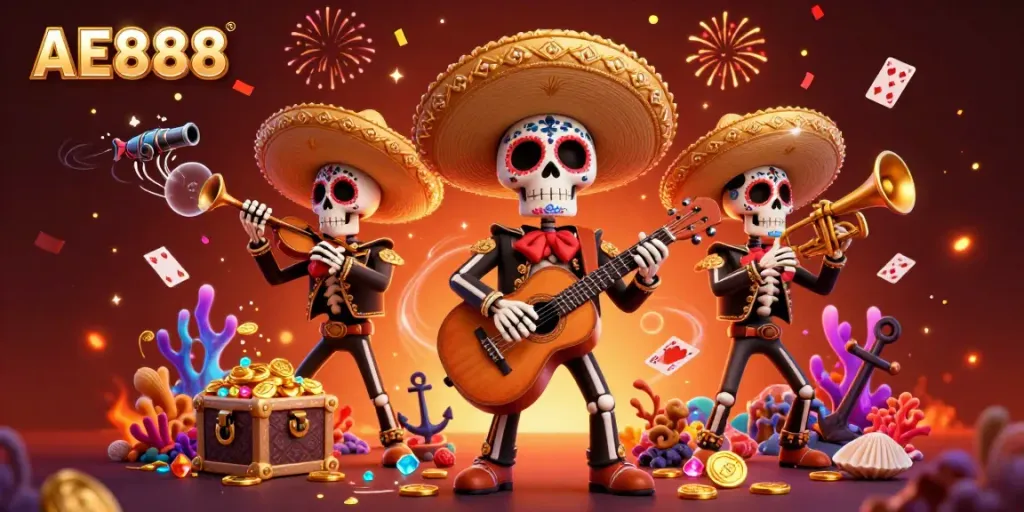 Join the AE888 experience with a vibrant 3D illustration of a Dia de los Muertos mariachi band amidst treasure and casino elements.