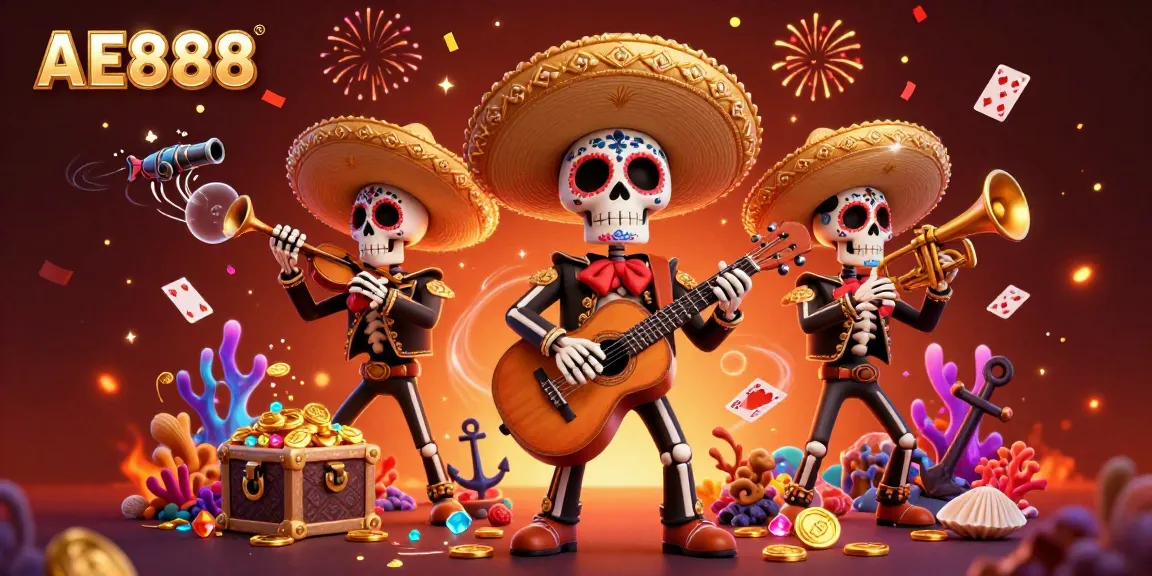 Join the AE888 experience with a vibrant 3D illustration of a Dia de los Muertos mariachi band amidst treasure and casino elements.