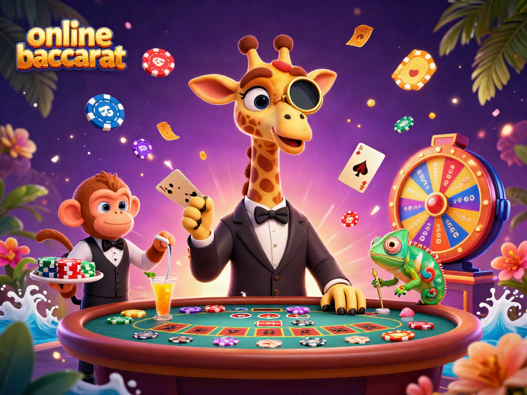Experience thrilling online baccarat gameplay with vibrant characters and dynamic casino elements.
