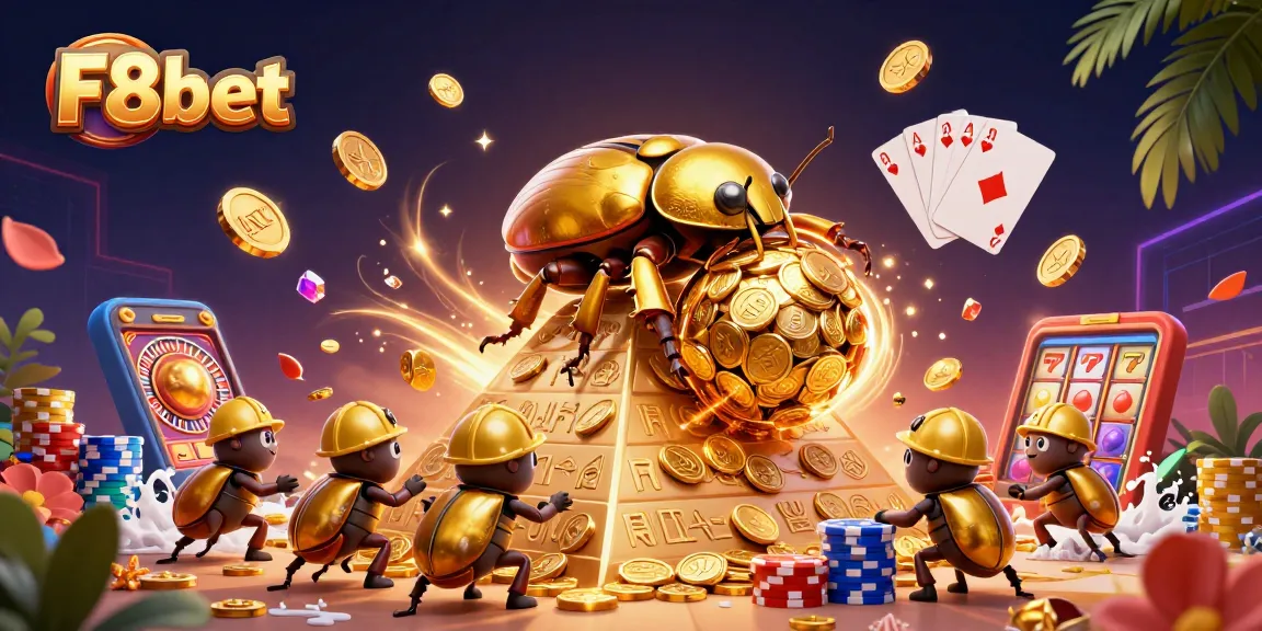 Experience F8bet’s thrilling casino adventures with golden coin beetles and vibrant gaming elements.