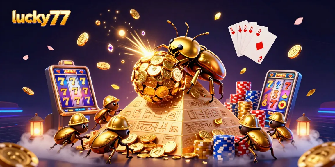 Experience luck at lucky77 with golden beetles and vibrant slot elements in this captivating scene.