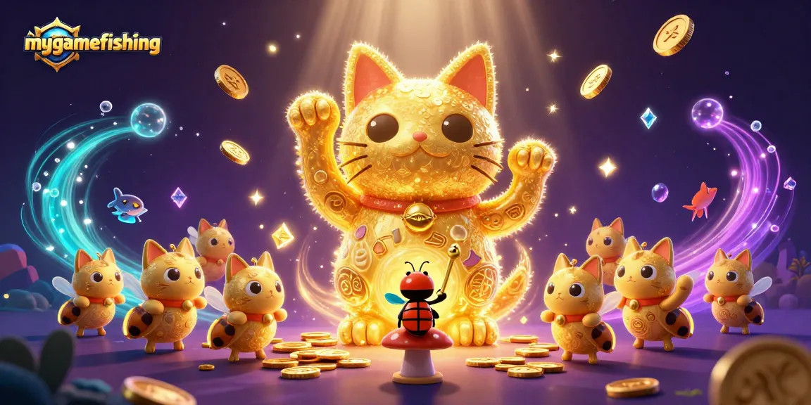 Experience the excitement of mygamefishing as vibrant fireflies form a lucky cat amidst dynamic casino elements.