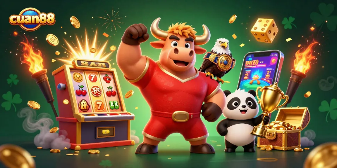 Engage with cuan88's thrilling wins featuring vibrant 3D casino illustration of mascots celebrating jackpots.