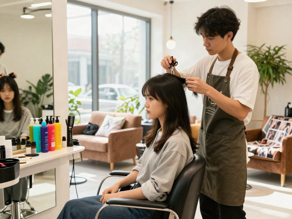 How old do I look? Individual at a beauty salon receiving hair consultation, showcasing a modern and stylish atmosphere.