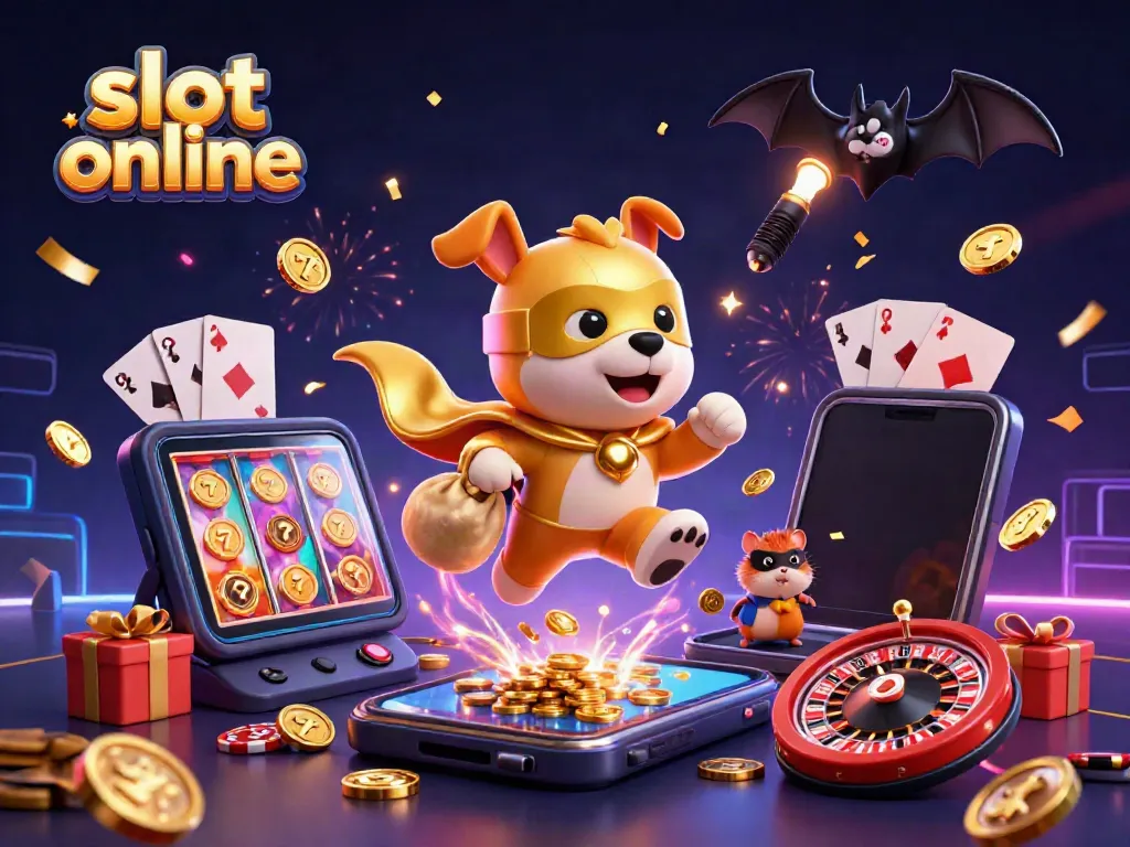 Experience the excitement of slot online as a superhero dog and hamster bring joy and winnings in this vibrant illustration.