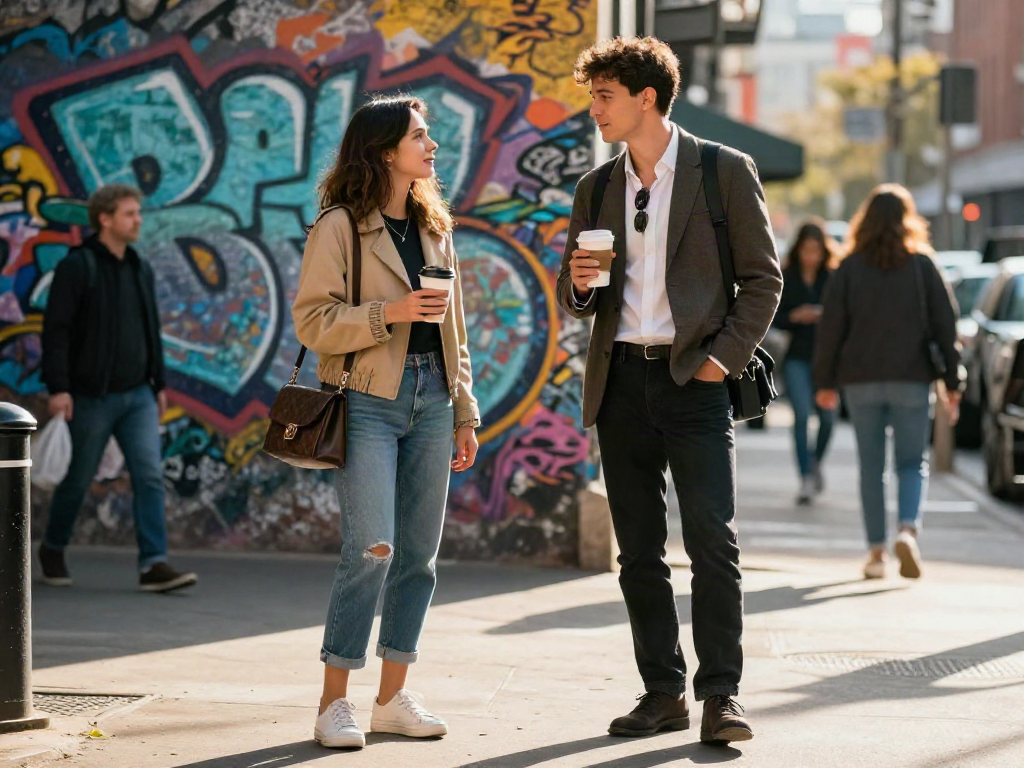 Two celebrities that look alike posing in an urban environment, showcasing their striking resemblance and stylish outfits.