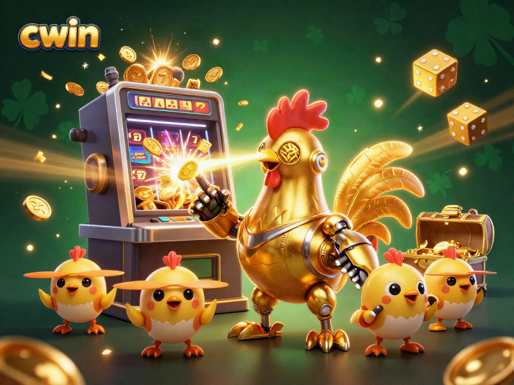 Engage win opportunities with cwin's dynamic casino scene featuring vibrant elements and a futuristic character.